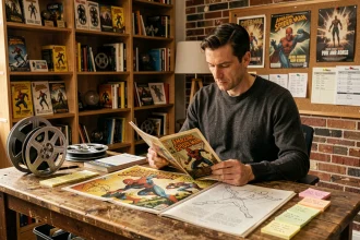 Collectionneur examinant des documents de production et comics Amazing Spider-Man sur un bureau vintage évoquant la chronologie complexe du film maudit