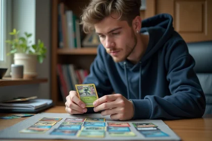 Collectionneur examinant une carte Pokémon holographique Flammes Fantasmagoriques pour évaluer son état et sa cote