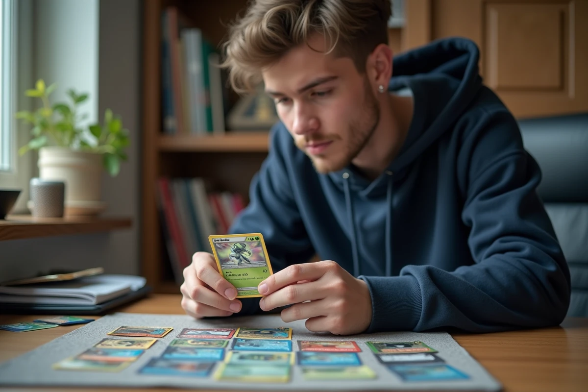 Collectionneur examinant une carte Pokémon holographique Flammes Fantasmagoriques pour évaluer son état et sa cote