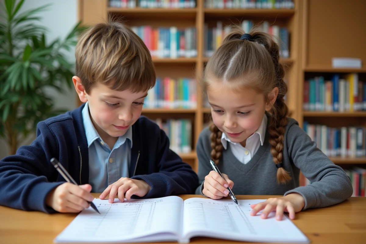 Deux collégiens travaillant ensemble sur un tableau de conversion de kilogrammes dans une bibliothèque scolaire