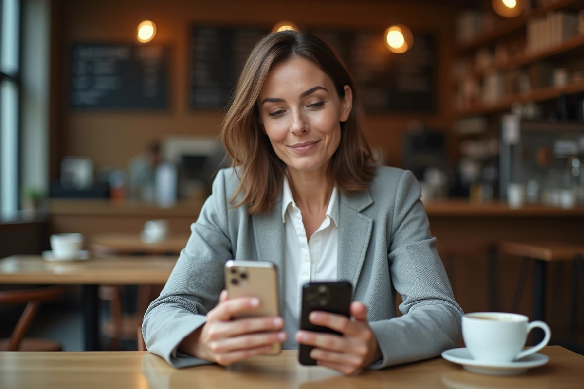 Femme comparant un ancien smartphone et un téléphone récent dans un café