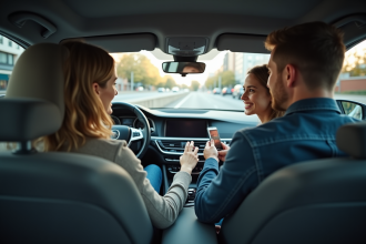 Homme d'âge moyen souriant donnant son smartphone à une passagère