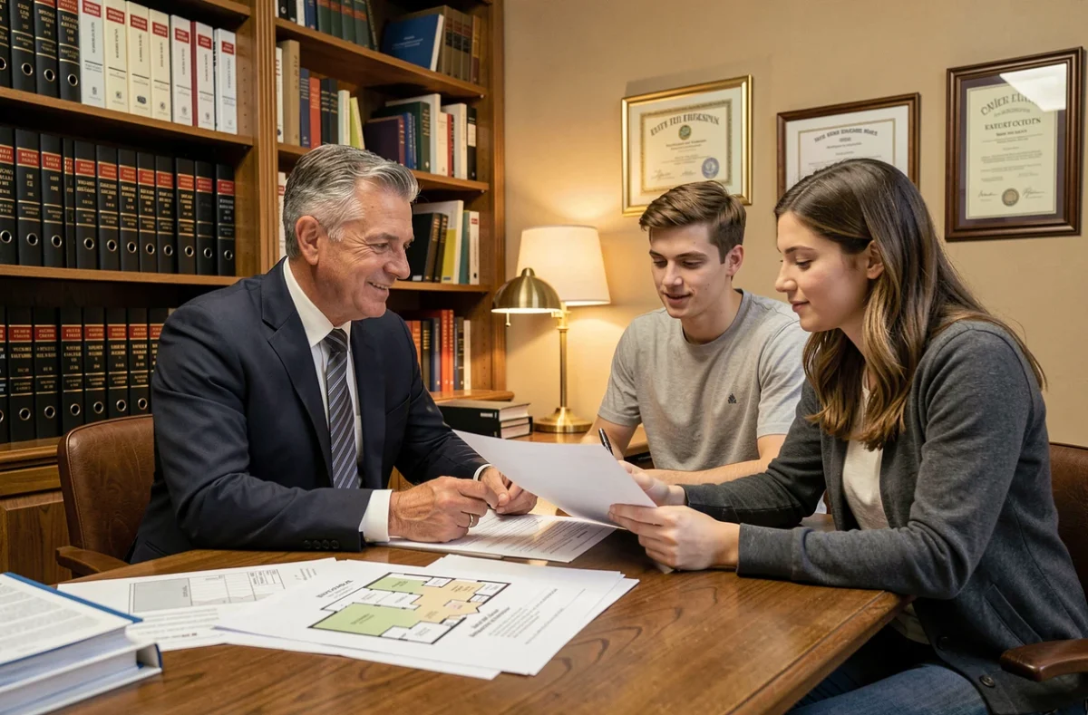 Notaire expliquant des documents immobiliers à un jeune couple dans un bureau traditionnel