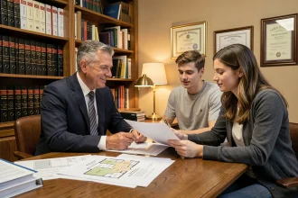 Notaire expliquant des documents immobiliers à un jeune couple dans un bureau traditionnel