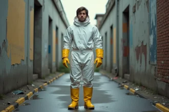 Cosplayer déguisé en Saitama de One Punch Man dans une ruelle urbaine, tenue blanche et bottes jaunes détaillées