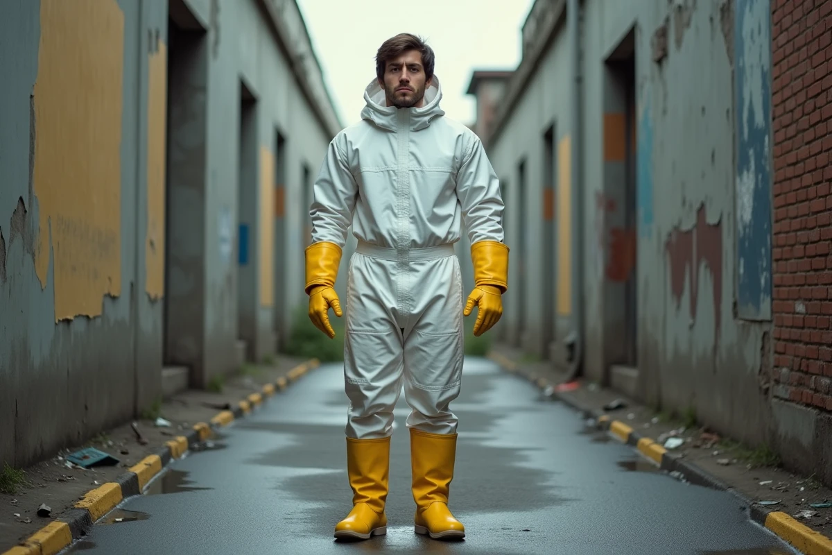 Cosplayer déguisé en Saitama de One Punch Man dans une ruelle urbaine, tenue blanche et bottes jaunes détaillées