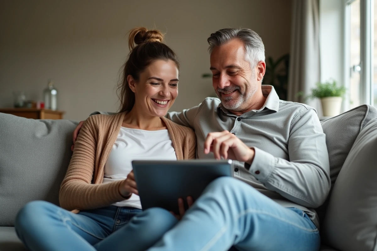 Couple utilisant un code promo Pixmania sur une tablette pour faire des achats en ligne moins chers