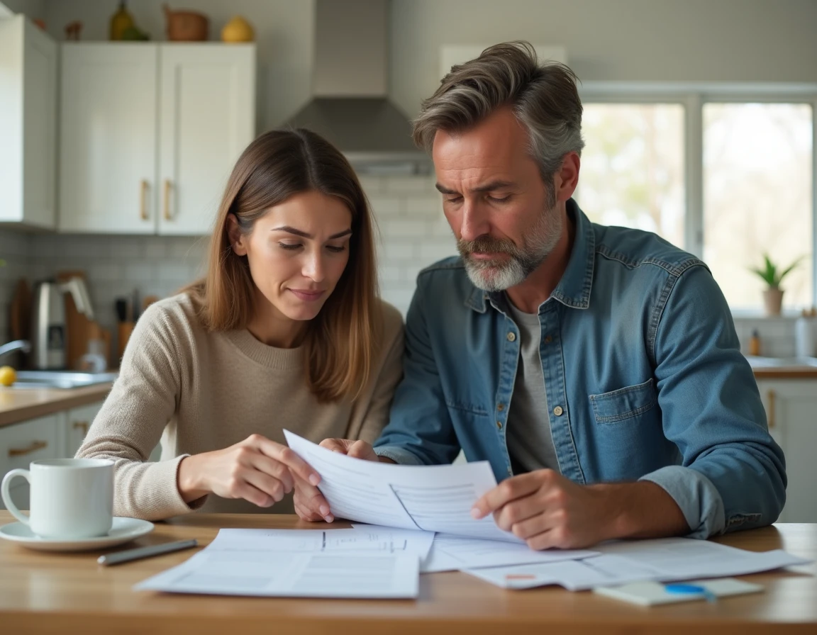 Couple examinant des documents administratifs liés au changement d'adresse et aux allocations France Travail