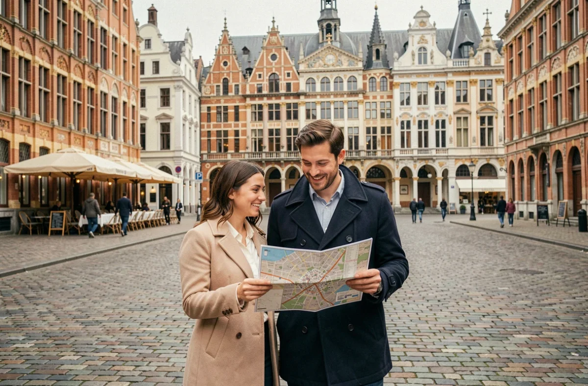 Couple se promenant sur la Grand Place de Lille le week-end, consultant une carte de la ville devant les façades flamandes