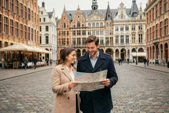Couple se promenant sur la Grand Place de Lille le week-end, consultant une carte de la ville devant les façades flamandes