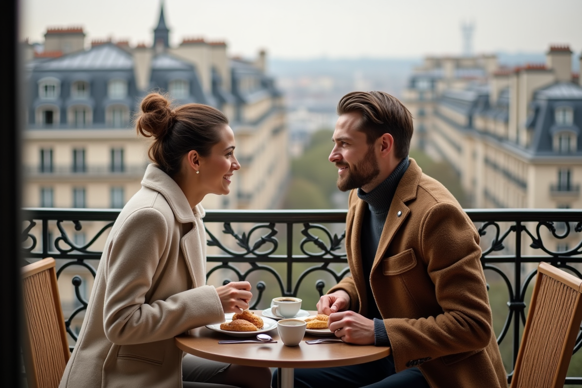 Jeune couple prenant le petit déjeuner sur un balcon parisien