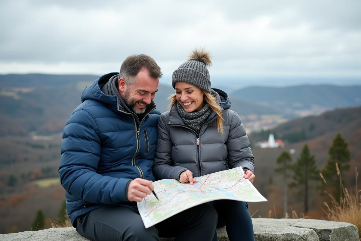 Couple de randonneurs consultant une carte depuis un belvédère avec vue panoramique sur les vallées de l'Orne (61)