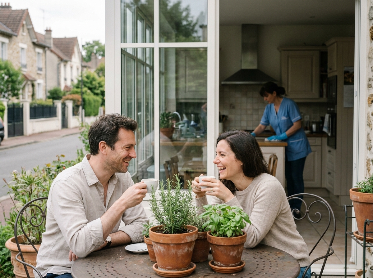 Couple profitant de son temps libre sur une terrasse pendant qu'un professionnel du ménage s'occupe de leur maison à Saint-Maur-des-Fossés
