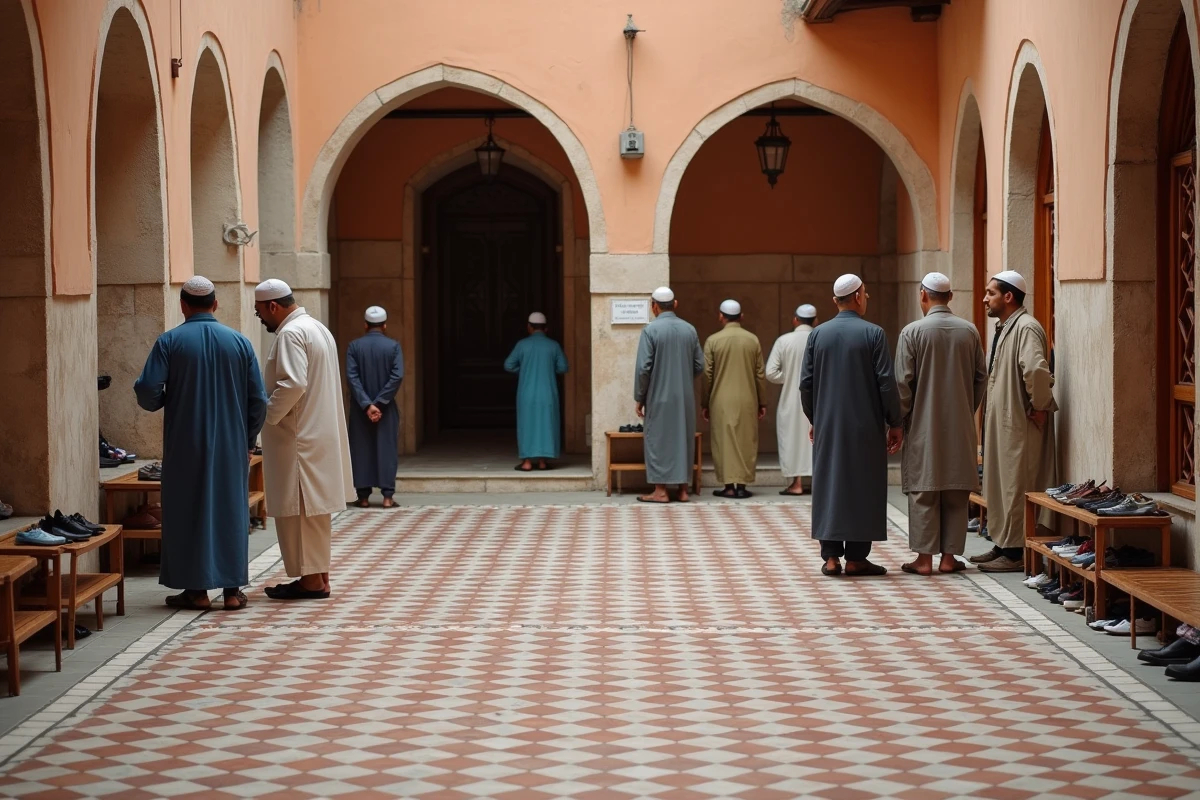 Cour intérieure d'une mosquée toulousaine avec des fidèles se préparant pour la prière du vendredi
