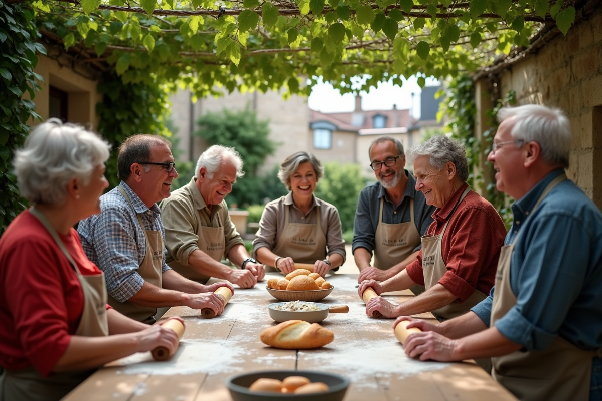 Groupe de personnes cuisinant en extérieur dans une cour parisienne