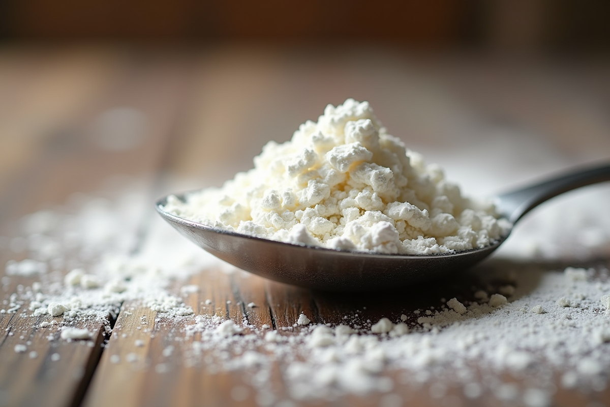Cuillère en acier inoxydable remplie de farine blanche