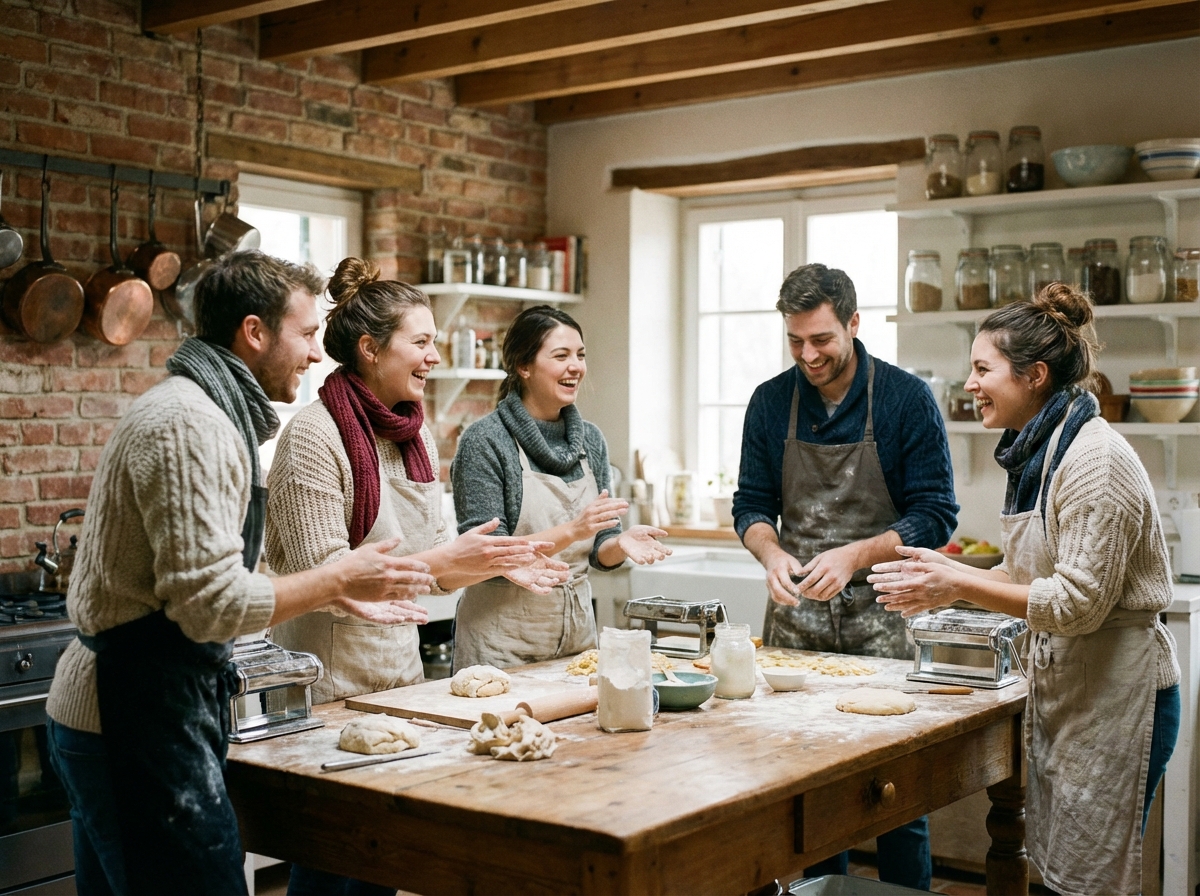 Groupe d amis cuisinant des pates dans une cuisine chaleureuse