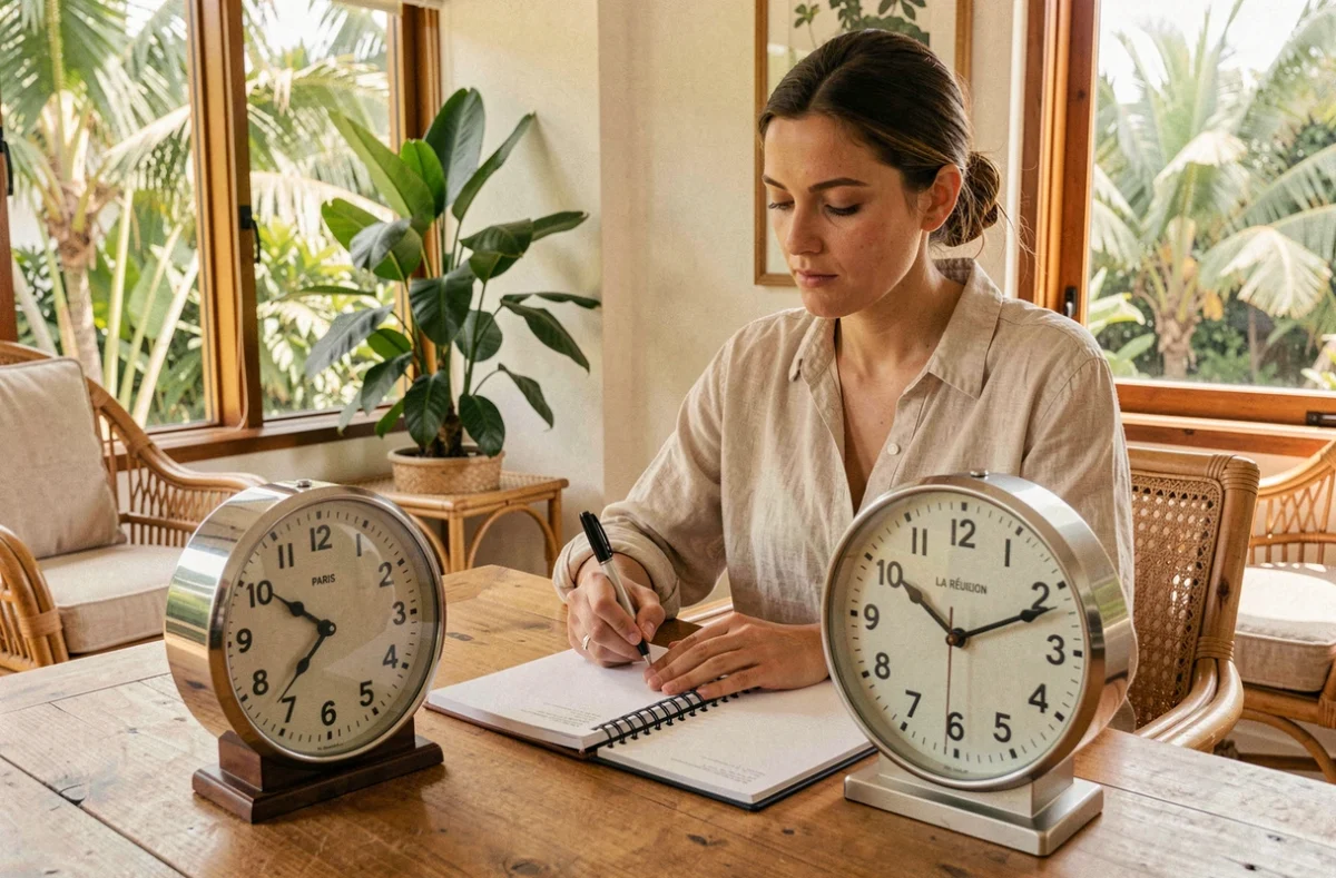 Femme comparant deux horloges représentant le décalage horaire entre Paris et La Réunion