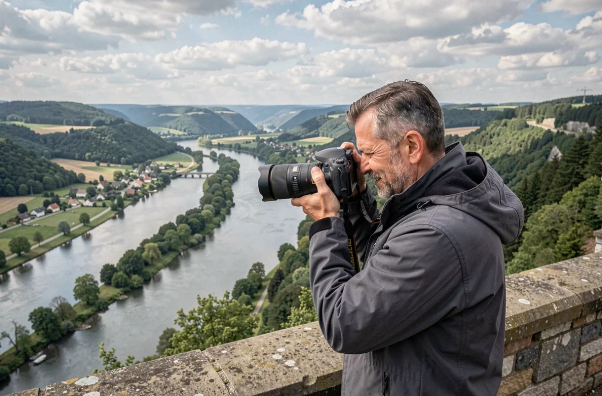 Photographe professionnel sur un belvédère dominant la vallée de la Moselle, consultant ses images avec un appareil photo à objectif téléphoto, illustrant l'expertise polyvalente de Denis Prophotographe