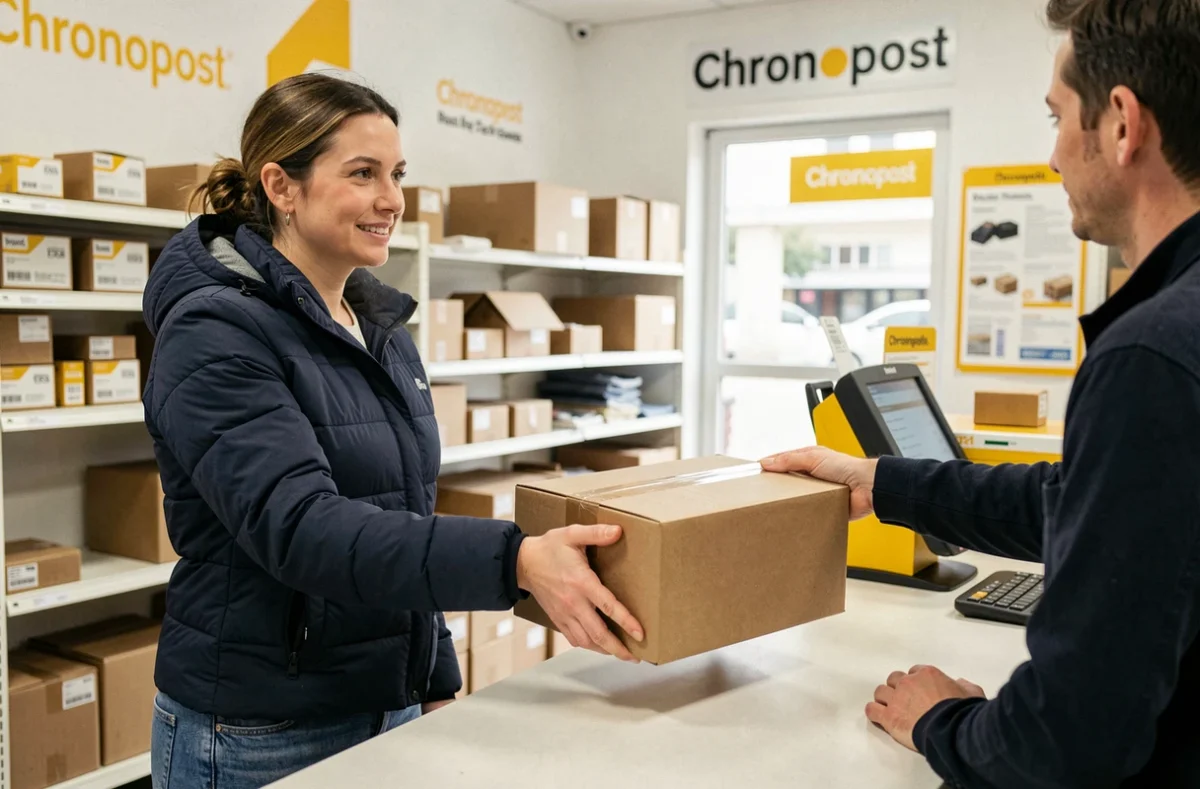 Femme déposant un colis Chronopost au comptoir d'un point relais
