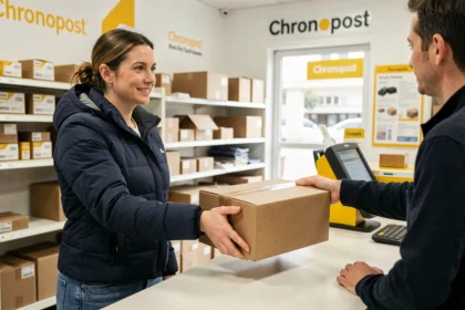 Femme déposant un colis Chronopost au comptoir d'un point relais