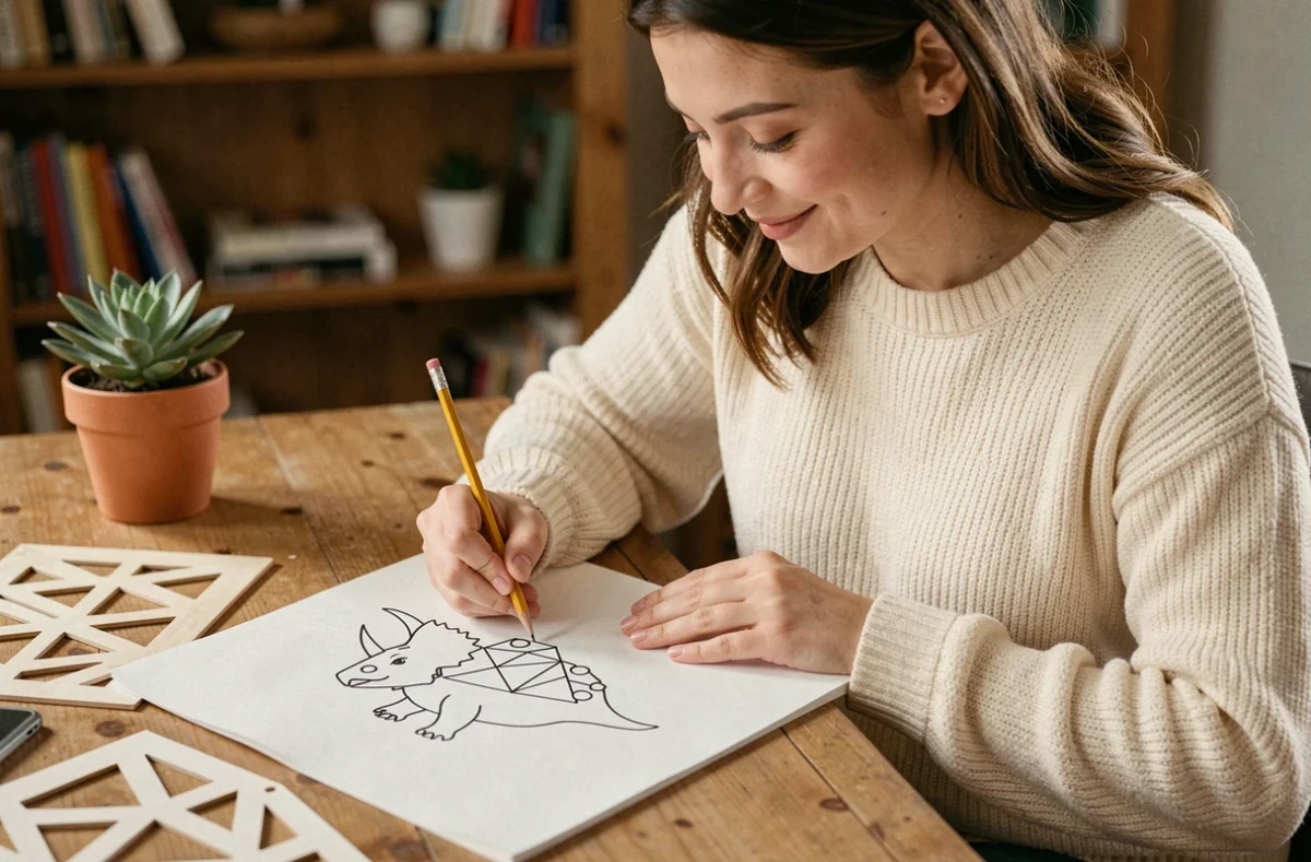 Jeune femme dessinant un dinosaure triceratops avec des formes géométriques simples sur du papier blanc dans un studio créatif chaleureux