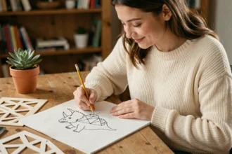 Jeune femme dessinant un dinosaure triceratops avec des formes géométriques simples sur du papier blanc dans un studio créatif chaleureux