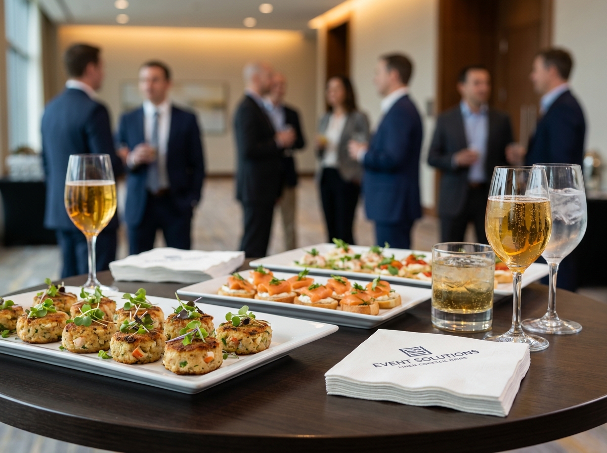 Table de cocktail d'entreprise avec plateau de canapés gastronomiques, verres en cristal et serviettes pliées avec soin lors d'un événement professionnel