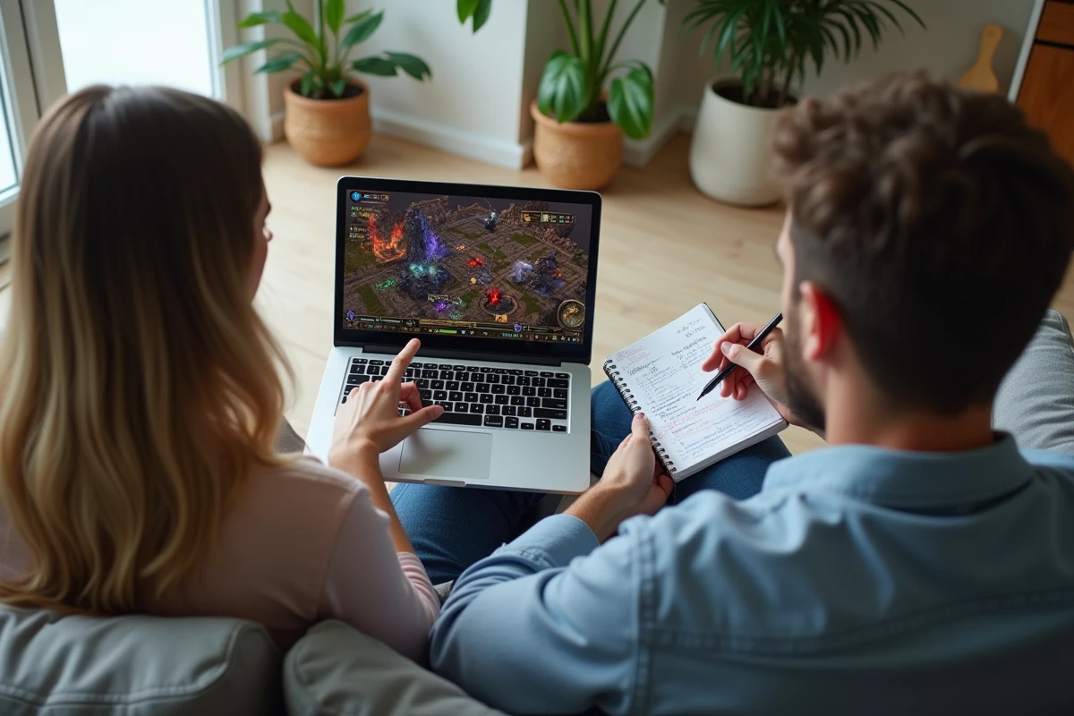 Deux joueurs adultes consultant ensemble un ordinateur portable avec le jeu Dofus ouvert, prenant des notes de stratégie dans un salon moderne