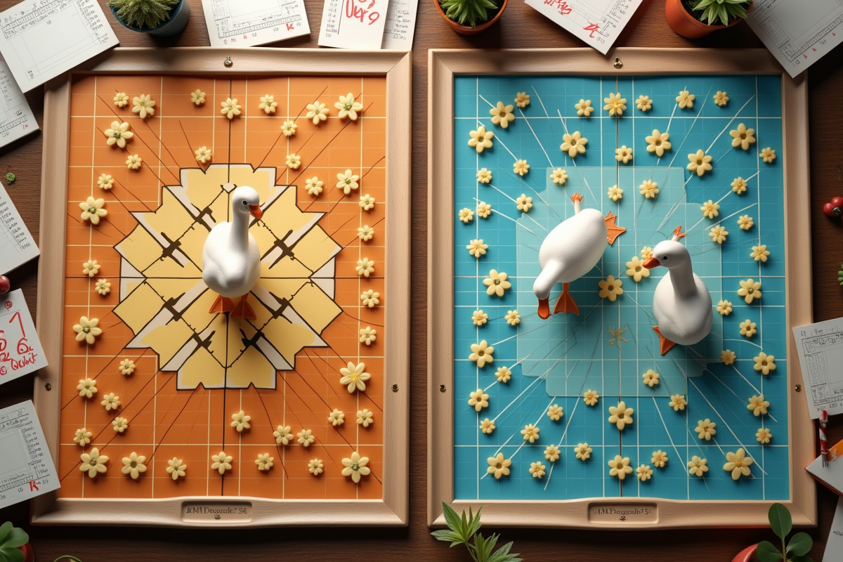 Deux plateaux de jeu de l oie côte à côte avec pièces et scores