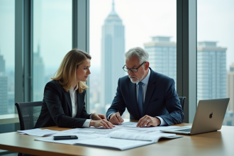 Femme et homme d affaires discutant plans immobiliers en bureau