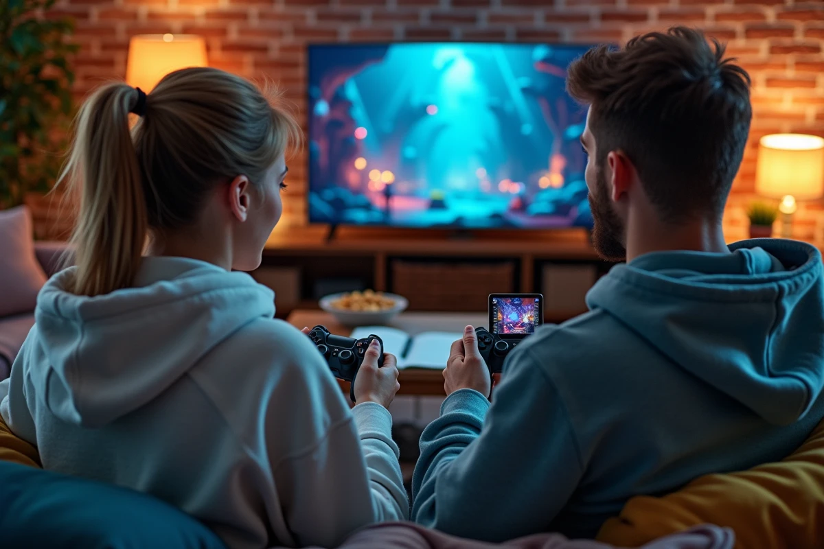 Deux joueurs adultes optimisant leur progression de niveau sur un jeu RPG fantasy dans un salon moderne