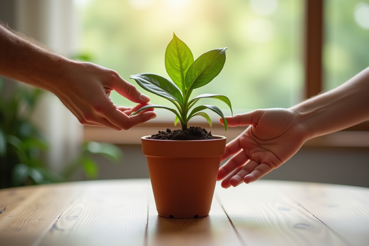 Deux mains échangeant une plante en pot sur une table en bois