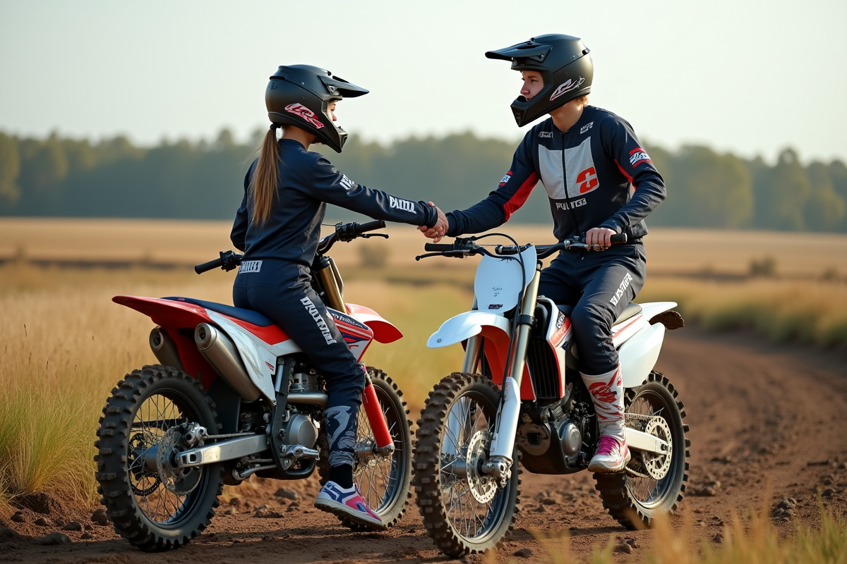 Deux riders motocross échangent un salut en pleine nature