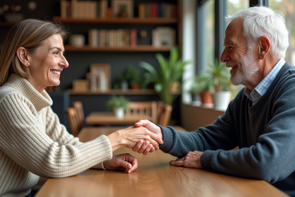 Échange chaleureux entre une femme et un homme dans un café convivial