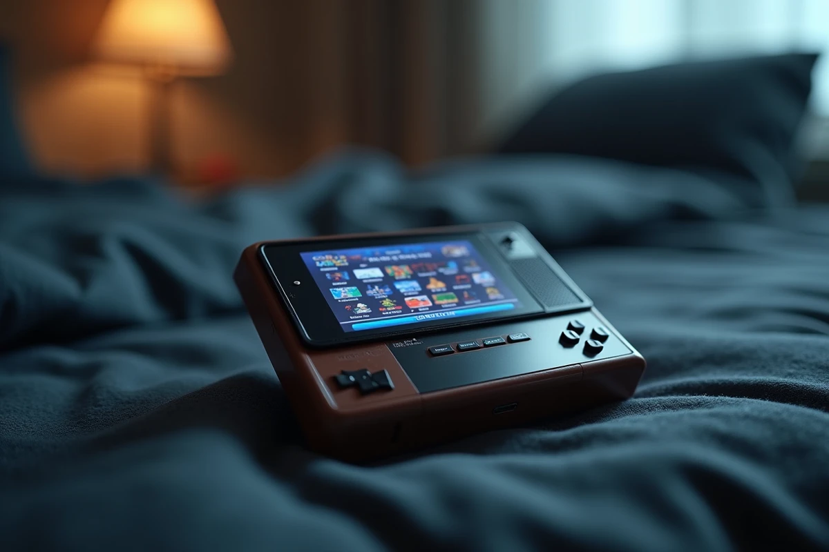 Console portable retrogaming affichant un menu d'émulation avec des jeux classiques en pixel art