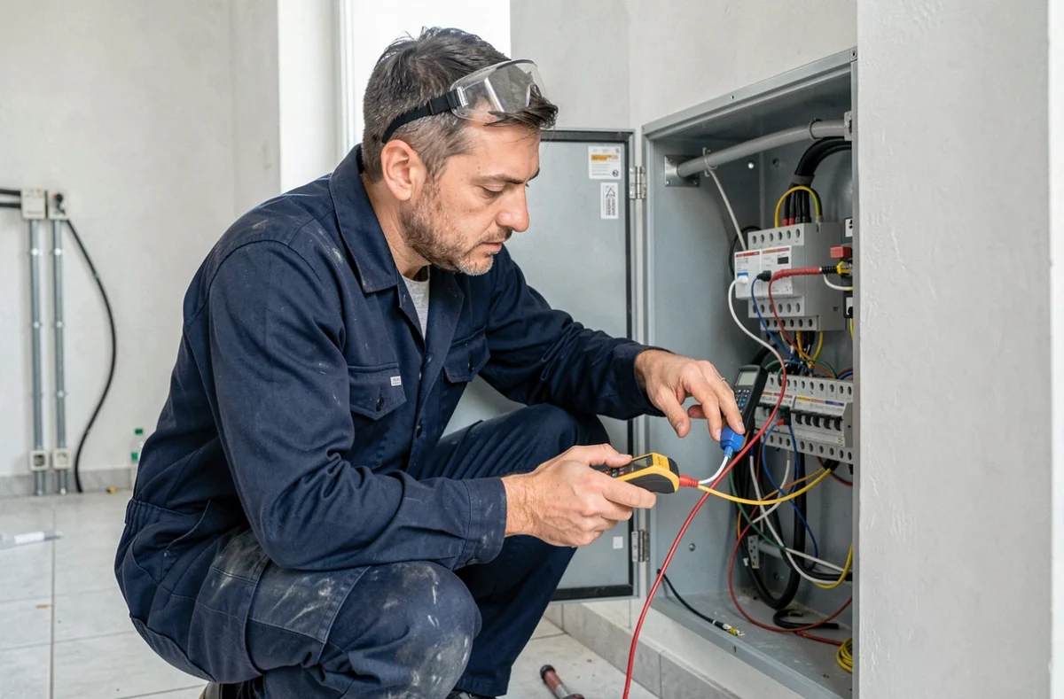 Électricien professionnel inspectant un tableau électrique dans une maison de l'Indre