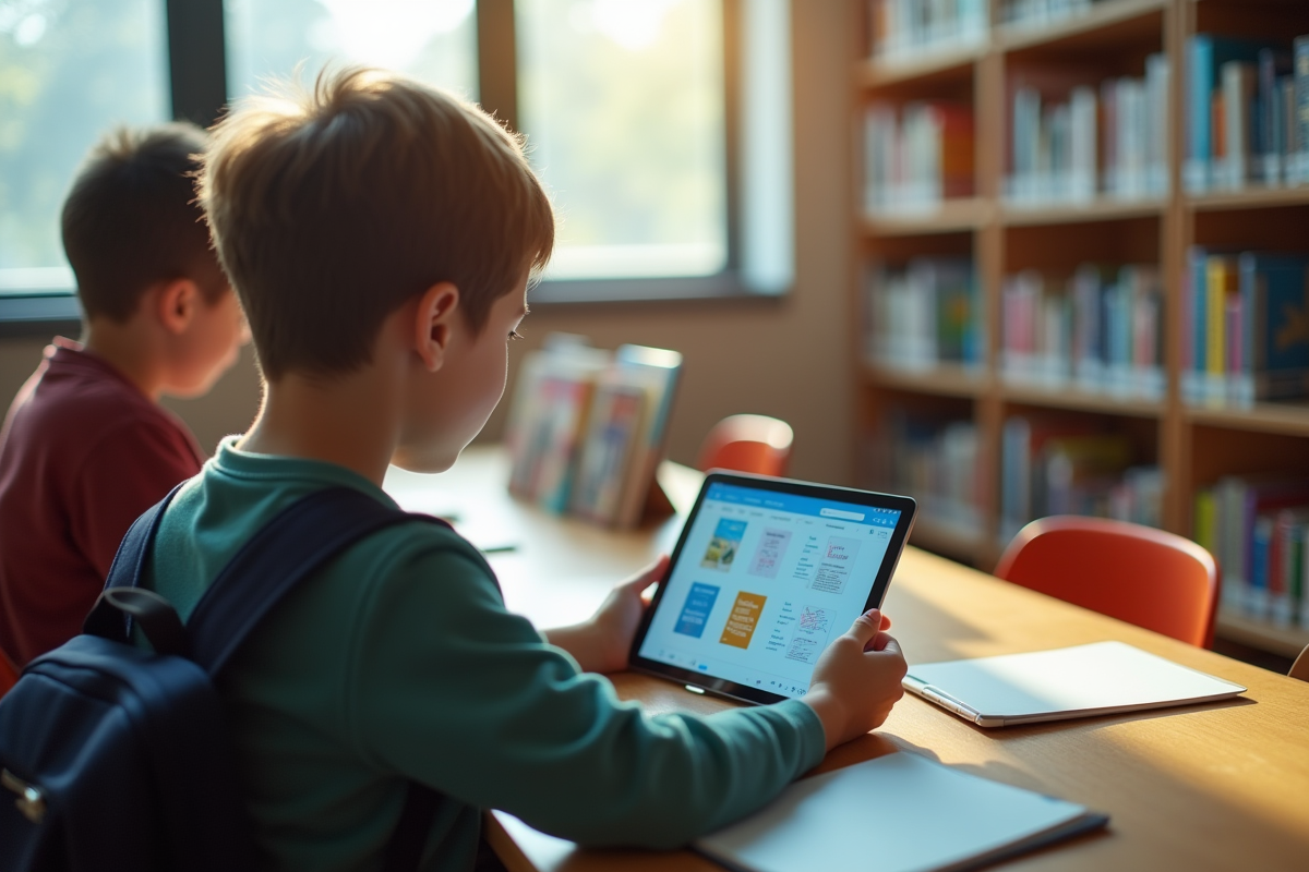 Étudiant utilisant une tablette dans une bibliothèque lumineuse