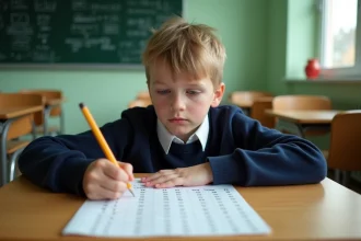 Élève d'école primaire remplissant un tableau de conversion de kilogrammes sur une feuille imprimée à son bureau en bois