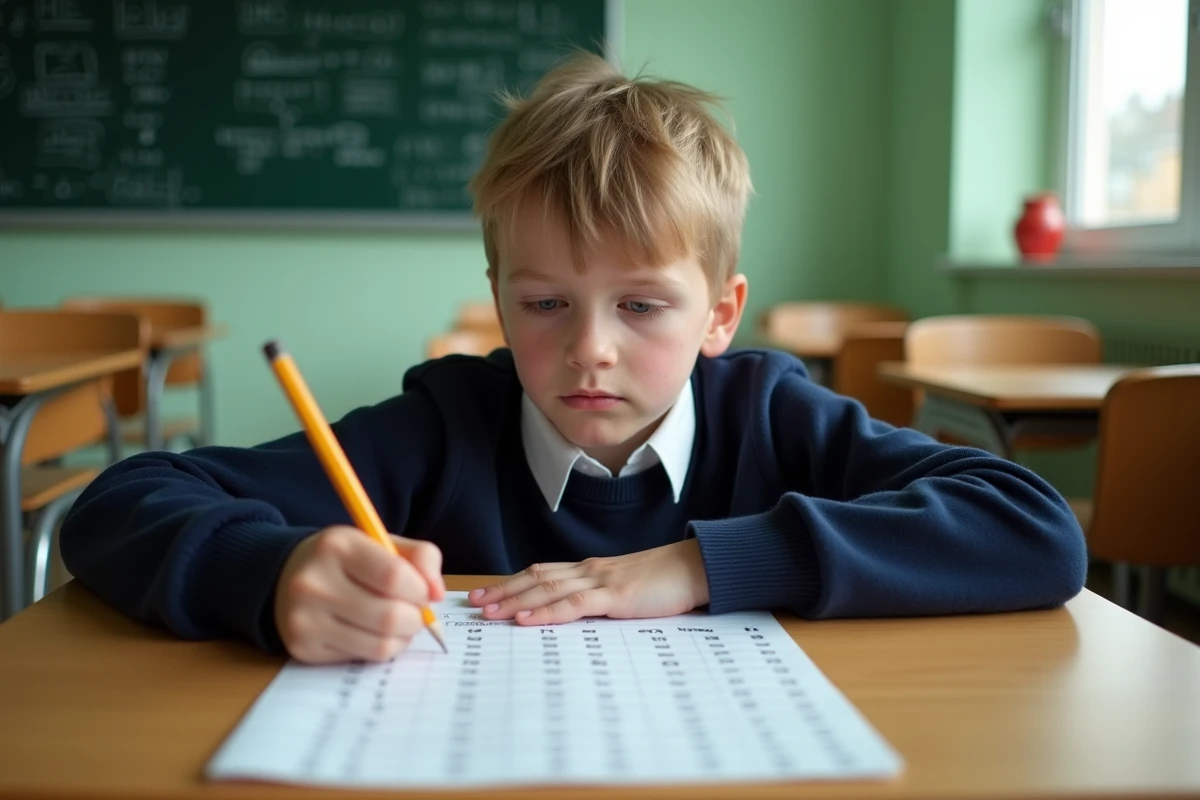 Élève d'école primaire remplissant un tableau de conversion de kilogrammes sur une feuille imprimée à son bureau en bois