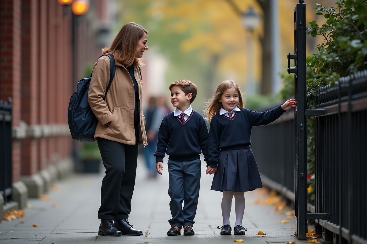 Deux enfants ouvrant la porte à une femme dans la rue urbaine
