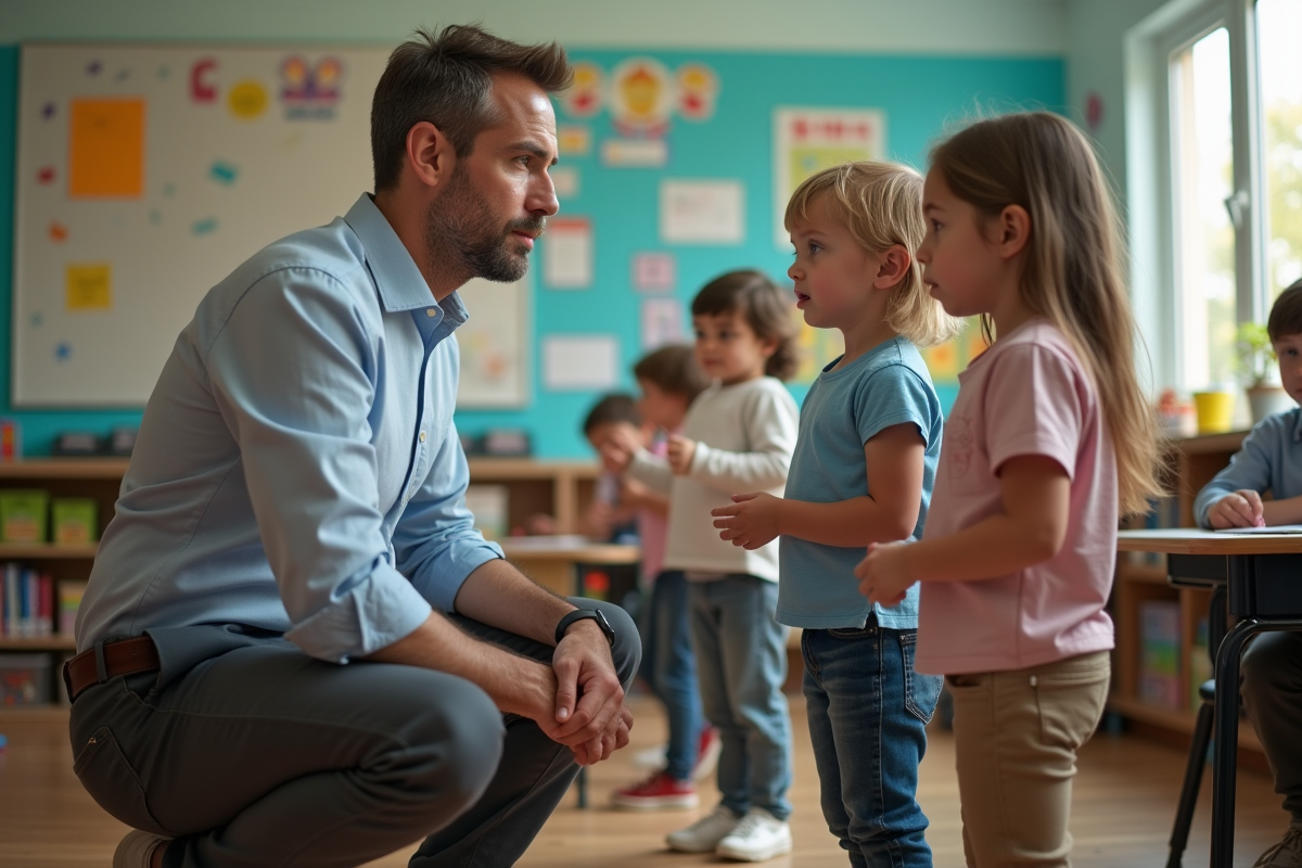 Enseignant calme médiant un conflit entre deux enfants en classe