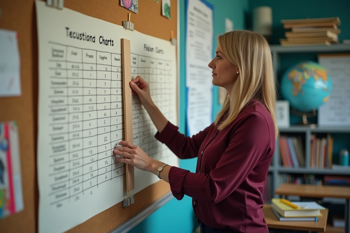 Enseignante de collège montrant un tableau de conversion des unités de masse en kilogrammes affiché en classe