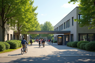 Entrée moderne d'un collège français dans le Vald’Oise avec élèves et vélos