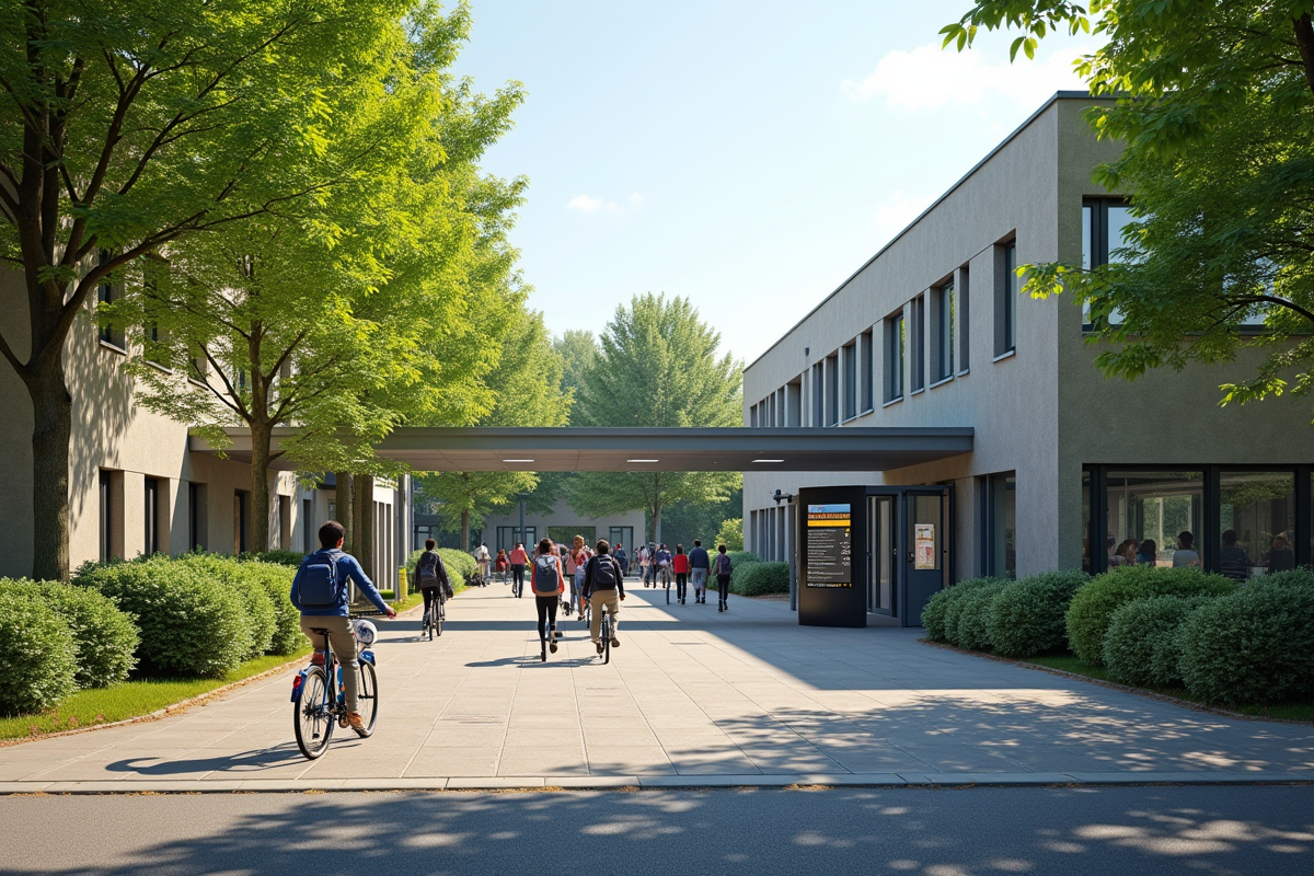 Entrée moderne d'un collège français dans le Vald’Oise avec élèves et vélos