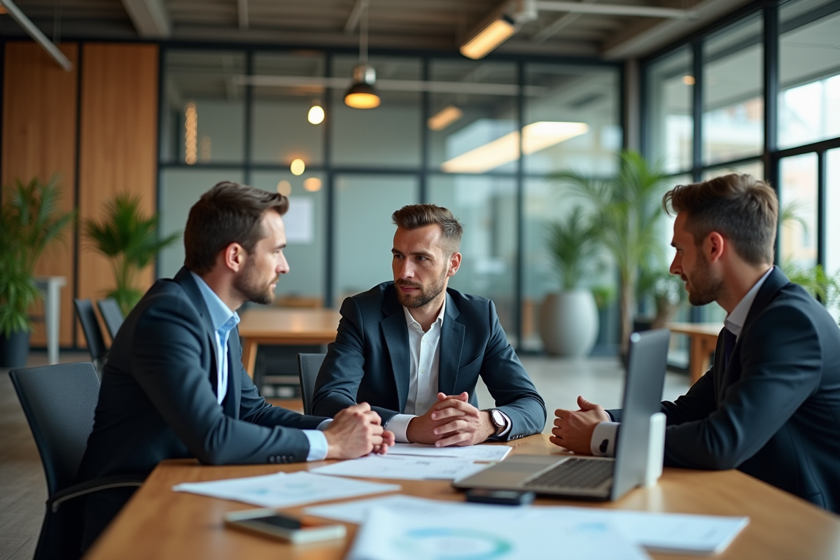 Groupe de collègues discutant autour d un affichage digital