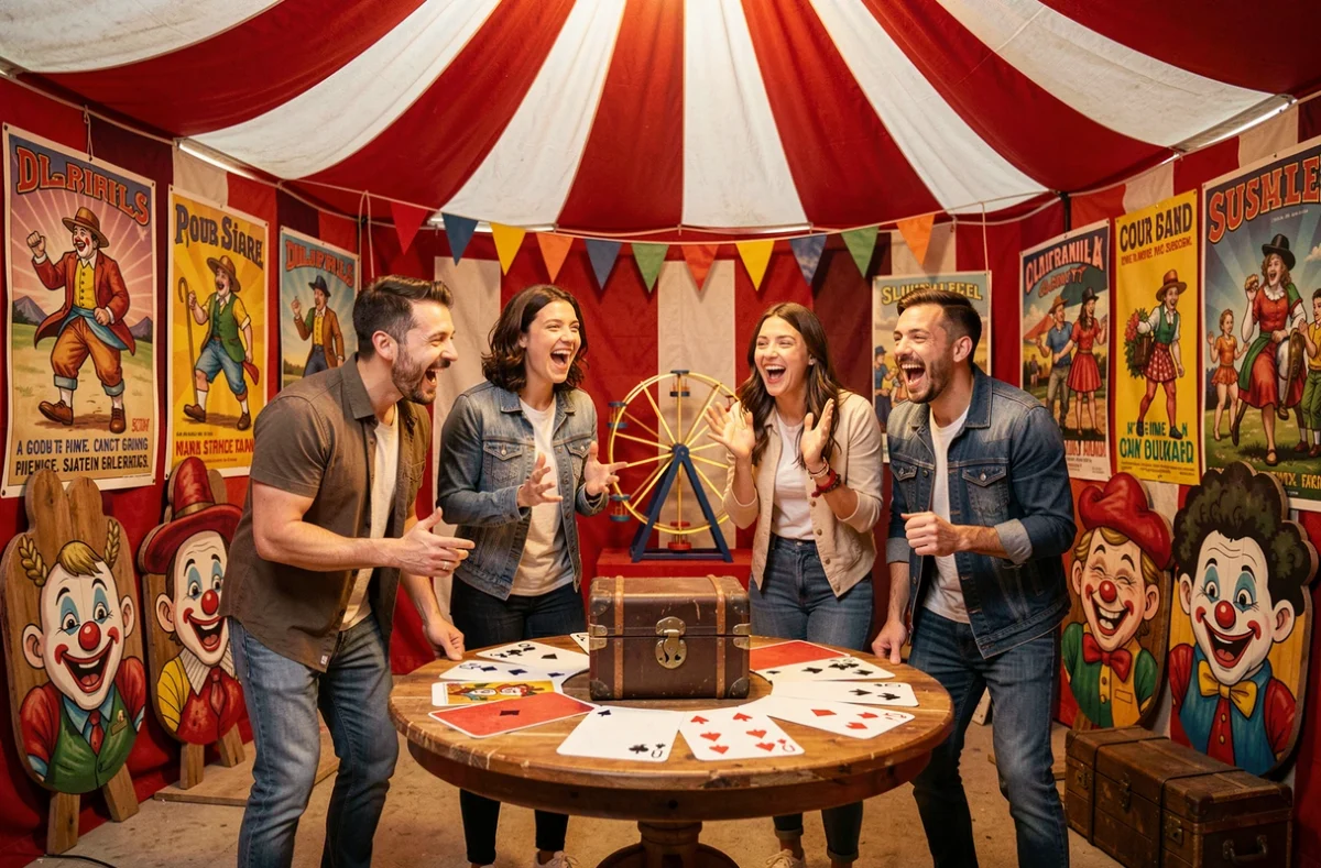 Groupe de joueurs amusés dans la salle d'escape game sur le thème du cirque Escape Circus