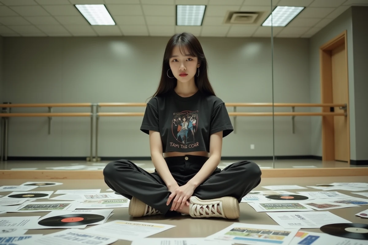 Jeune femme étudiant des chronologies de groupes K-pop dans un studio de danse entouré de documents sur les générations d'idoles coréennes