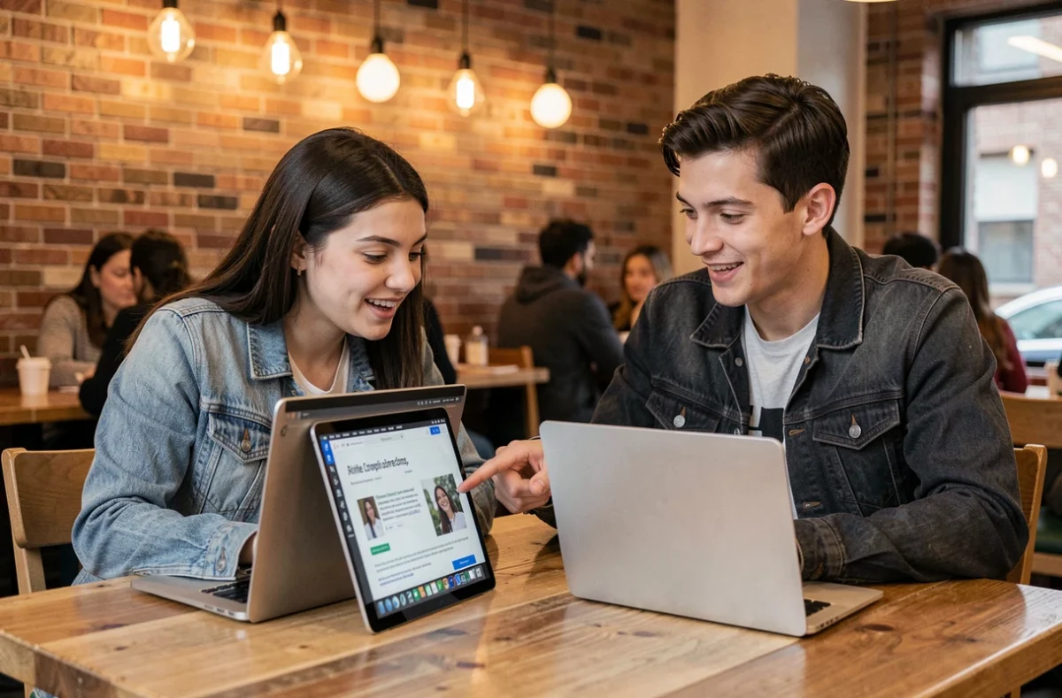 Deux étudiants universitaires collaborant ensemble sur une encyclopédie en ligne depuis leurs ordinateurs portables dans un café urbain