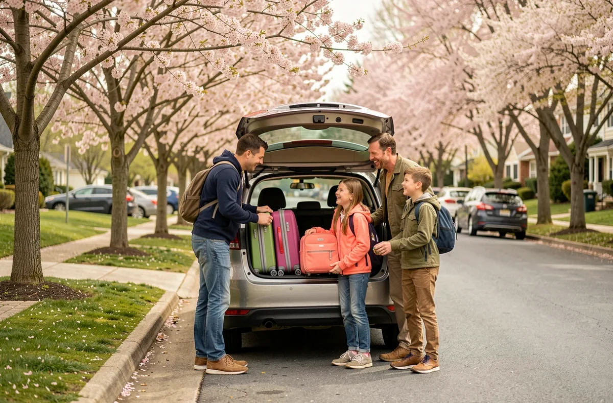 Famille qui charge ses bagages dans une voiture pour un voyage économique pendant le week-end de Pentecôte